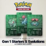 Pokémon Gen 1 Starters & Evolutions Placeholder | Bulbasaur Charmander Squirtle | Printable Pokémon Cards | Binder Set | ENGLISH